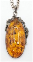 Large Vintage Sterling Amber Pendant & Chain