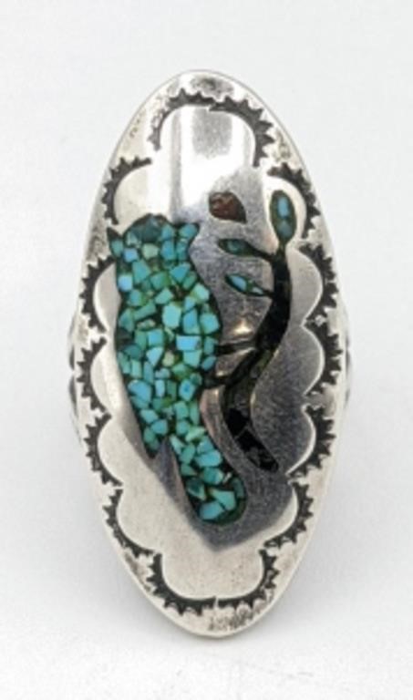 Vintage Zuni Inlaid Turquoise Bird Ring