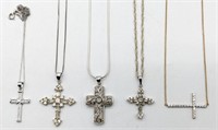 Lot Of Five Sterling Silver Crosses With Chains