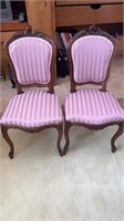 2 antique Hand carved walnut chairs, pink striped