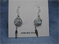 Sterling Tested Dream Catcher Earrings W/Turq.