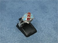 Sterling Silver Tested Turq. W/ Coral Inlay Ring