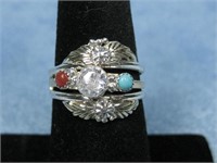 Sterling Silver Tested Cz Turquoise & Coral Ring