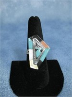 Vtg, Sterling Silver Zuni Multi - Inlaid Ring See