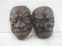 Two 8" Wood Japanese Mask Decor