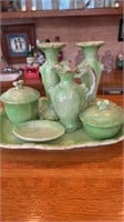 Vintage Green lustre set with gold gilding, tray,