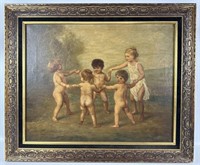 Antique "Children Playing" Oil On Canvas