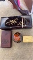 Japanese carved wood box, Lacquered Jewelry box,