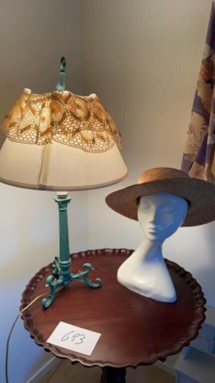 Green lamp, mannequin head with straw hat