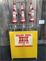 Shell X-100 Motor Oil Rack & 6 Bottles w/- Tin