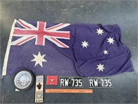 Collectables inc Aust Flag, Number Plates etc