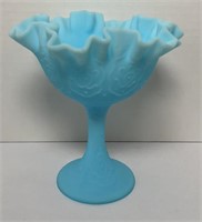 FENTON BLUE SATIN GLASS COMPOTE