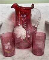 CRANBERRY HAND PAINTED WATCHER PITCHER W/ GLASSES