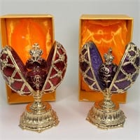 2 Enameled Egg Trinket Boxes - Purple & Red