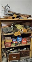 CONTENTS OF 4 SHELVES: SAWS, HARDWARE, TOOLS &