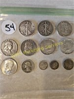 8 Silver halves, 1 quarter, 2 dimes, etc.,