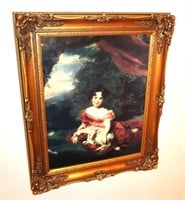 print of a girl w dog in ornate frame 25"h x 21"w