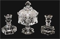 coin glass candy dish 8" & candleholders