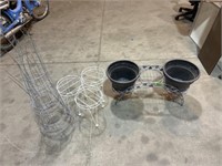 Plant stands, pots (2), and tomato cages