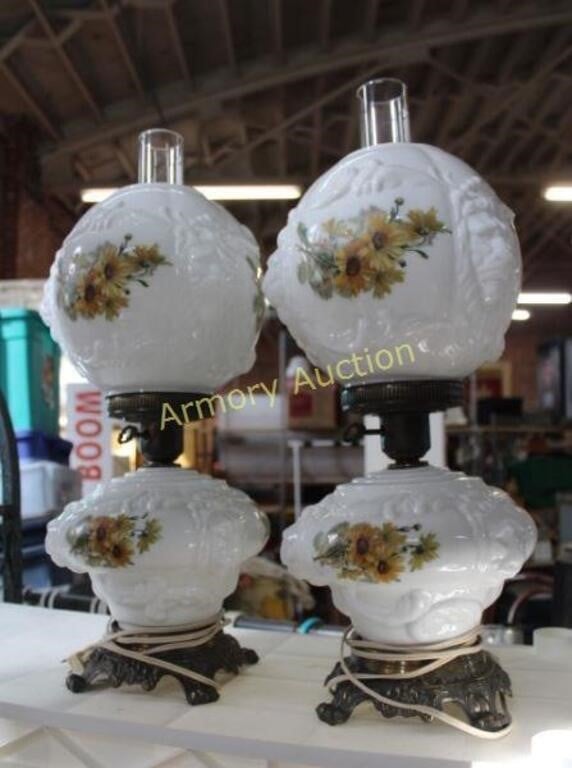 PAIR GWTW LAMPS PAINTED MILK GLASS SHADES