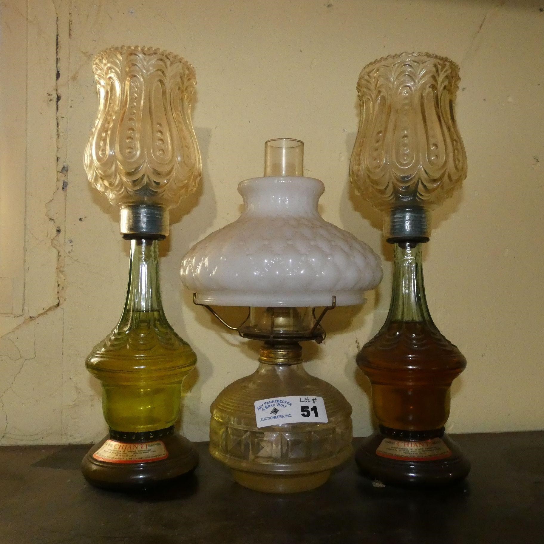 Vintage Chianti Wine Bottles & Kerosene Lamp