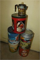 Hand Painted Toleware Coffee Pot, Assorted Tins