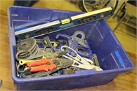 Blue Bin c/w Hand Tools, Snips, Level, etc.