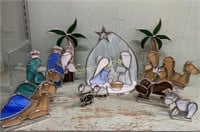 19 PC SIGNED STAINED GLASS NATIVITY SET