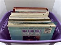 SMALL TOTE OF VINTAGE 33 VINYL RECORDS