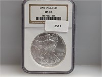 NGC 2005 MS69 1oz .999 Silv Eagle $1