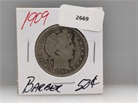 1909 90% Silv Barber Half $1