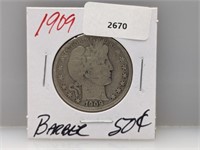1909 90% Silv Barber Half $1