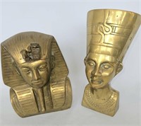 Lg Brass Set of Egyptian Nefertiti & Pharoah Busts