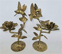 Pr Brass Hummingbird & Flower Candle Holders 10"