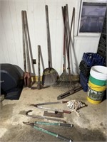 Yard Tools: 3 Metal Rakes, Broom, Gravel Shovel,