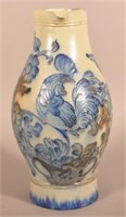Rare Rooster and Floral Cobalt Stoneware Pitcher.
