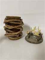 Wooden Candle Holder w/ Ceramic Horn Holder