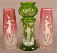 Three Mary Gregory-Type Victorian Glass Vases.