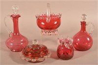 Five Pieces of Blown Cranberry Glass.