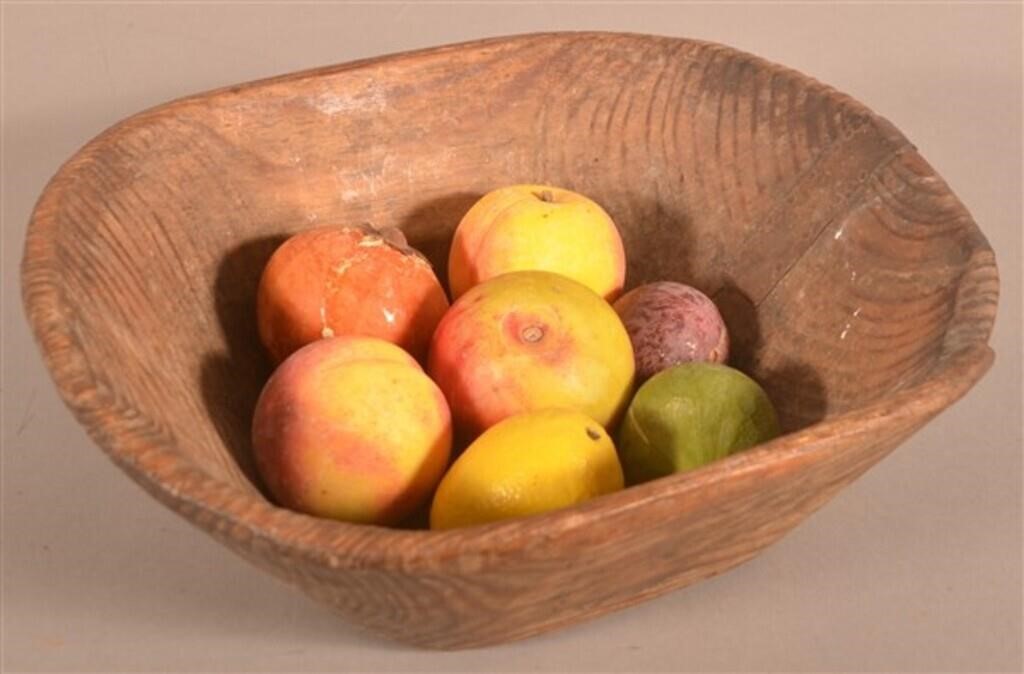 Seven Pieces of Stone Fruit in a Wood Bowl.