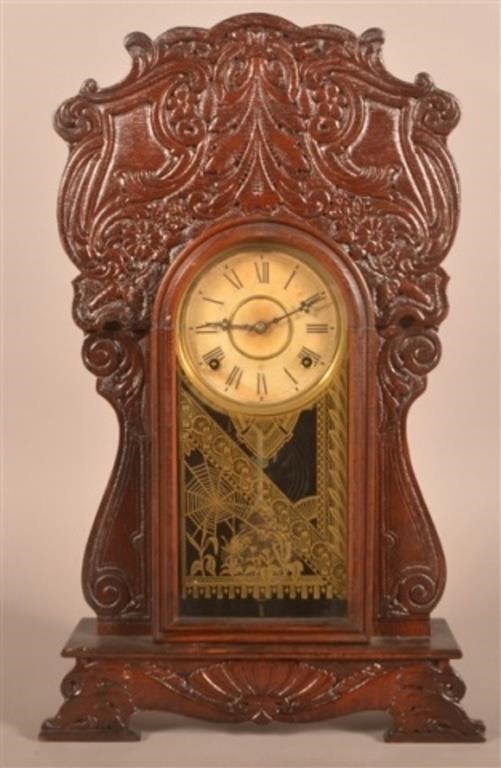 Antique Gilbert Pressed Oak Case Shelf Clock.