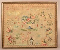 Unusual 19th C. Pictorial Sampler with Giraffe.