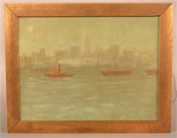 Antique American NY Skyline River Oil Painting.