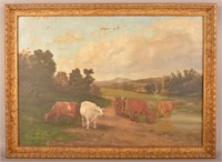Antique Landscape With Cattle Oil Painting.