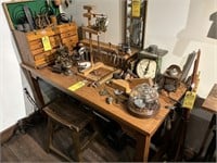 WORKBENCH WITH CONTENTS - CLOCK REPAIR TOOLS, CLAM