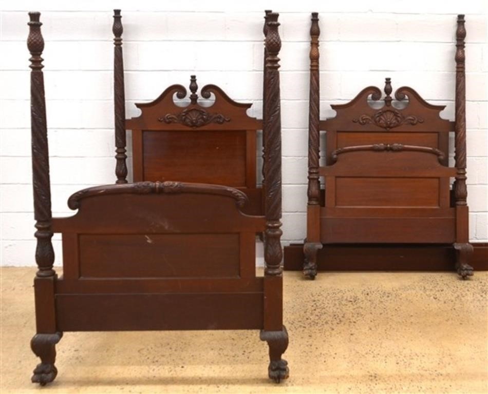 Pair of Carved Mahogany Single Poster Beds.
