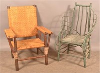 Two Rustic Adirondack Chairs.