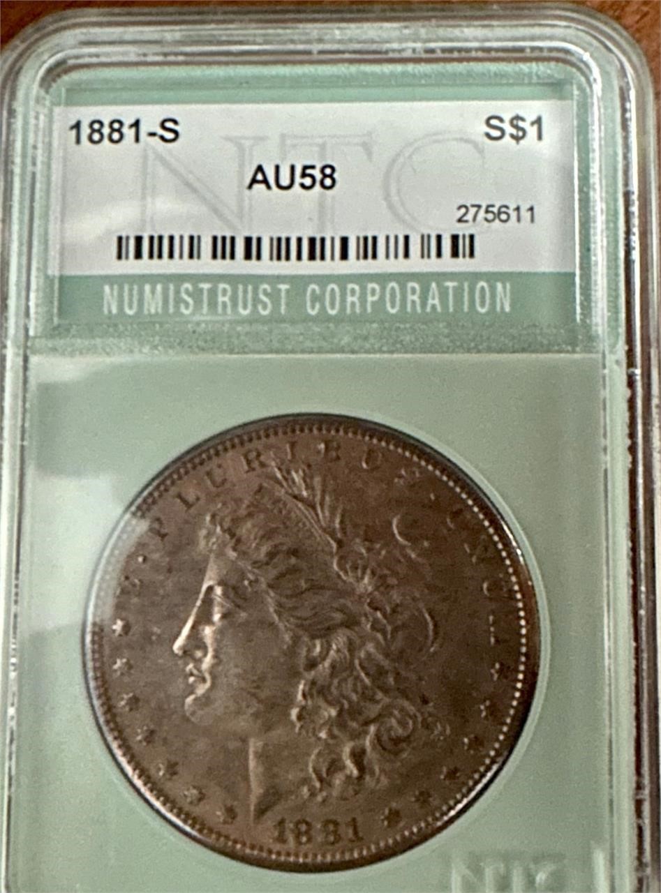 1881 Morgan S, graded AU 58 heavy tone