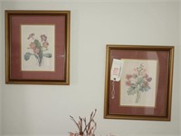 Pair of framed floral prints in pink frames