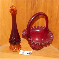 Ruby Red Fenton Hobnail Bud Vase & Glass  Basket